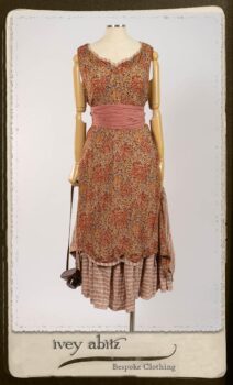 Crest Frock in New Sun Floral Silk Chiffon in High Water Length; Porte Cochere Sash in Rosy Washed Cotton; Heraldry Frock in Rosy Washed Stripe Linen in High Water Length. By Ivey Abitz.