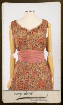 Crest Frock in New Sun Floral Silk Chiffon in High Water Length; Porte Cochere Sash in Rosy Washed Cotton; Heraldry Frock in Rosy Washed Stripe Linen in High Water Length. By Ivey Abitz.