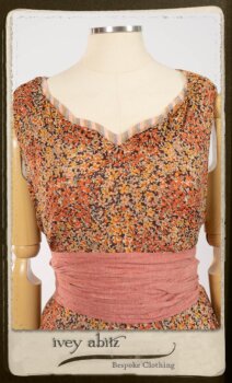 Crest Frock in New Sun Floral Silk Chiffon in High Water Length; Porte Cochere Sash in Rosy Washed Cotton; Heraldry Frock in Rosy Washed Stripe Linen in High Water Length. By Ivey Abitz.