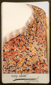 Crest Frock in New Sun Floral Silk Chiffon in High Water Length; Porte Cochere Sash in Rosy Washed Cotton; Heraldry Frock in Rosy Washed Stripe Linen in High Water Length. By Ivey Abitz.