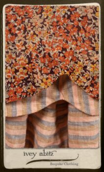 Crest Frock in New Sun Floral Silk Chiffon in High Water Length; Porte Cochere Sash in Rosy Washed Cotton; Heraldry Frock in Rosy Washed Stripe Linen in High Water Length. By Ivey Abitz.
