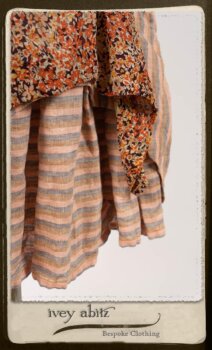 Crest Frock in New Sun Floral Silk Chiffon in High Water Length; Porte Cochere Sash in Rosy Washed Cotton; Heraldry Frock in Rosy Washed Stripe Linen in High Water Length. By Ivey Abitz.