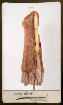 Crest Frock in New Sun Floral Silk Chiffon in High Water Length; Porte Cochere Sash in Rosy Washed Cotton; Heraldry Frock in Rosy Washed Stripe Linen in High Water Length. By Ivey Abitz.