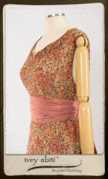 Crest Frock in New Sun Floral Silk Chiffon in High Water Length; Porte Cochere Sash in Rosy Washed Cotton; Heraldry Frock in Rosy Washed Stripe Linen in High Water Length. By Ivey Abitz.