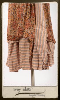 Crest Frock in New Sun Floral Silk Chiffon in High Water Length; Porte Cochere Sash in Rosy Washed Cotton; Heraldry Frock in Rosy Washed Stripe Linen in High Water Length. By Ivey Abitz.