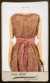 Crest Frock in New Sun Floral Silk Chiffon in High Water Length; Porte Cochere Sash in Rosy Washed Cotton; Heraldry Frock in Rosy Washed Stripe Linen in High Water Length. By Ivey Abitz.
