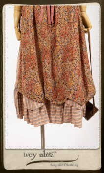 Crest Frock in New Sun Floral Silk Chiffon in High Water Length; Porte Cochere Sash in Rosy Washed Cotton; Heraldry Frock in Rosy Washed Stripe Linen in High Water Length. By Ivey Abitz.