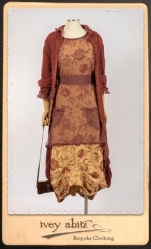 Scattergood Duster Coat in Rosy Washed Crinkled Linen; Lorrilard Dress in Rosy Argyle Netting; Scattergood Frock in Rosy Washed Floral Linen. By Ivey Abitz.