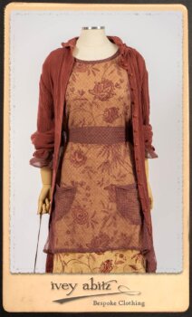 Scattergood Duster Coat in Rosy Washed Crinkled Linen; Lorrilard Dress in Rosy Argyle Netting; Scattergood Frock in Rosy Washed Floral Linen. By Ivey Abitz.