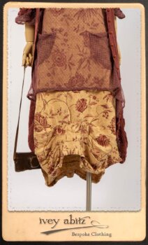 Scattergood Duster Coat in Rosy Washed Crinkled Linen; Lorrilard Dress in Rosy Argyle Netting; Scattergood Frock in Rosy Washed Floral Linen. By Ivey Abitz.