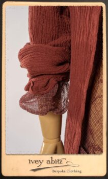 Scattergood Duster Coat in Rosy Washed Crinkled Linen; Lorrilard Dress in Rosy Argyle Netting; Scattergood Frock in Rosy Washed Floral Linen. By Ivey Abitz.