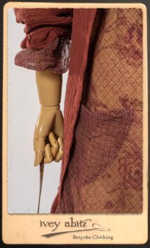 Scattergood Duster Coat in Rosy Washed Crinkled Linen; Lorrilard Dress in Rosy Argyle Netting; Scattergood Frock in Rosy Washed Floral Linen. By Ivey Abitz.