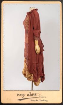 Scattergood Duster Coat in Rosy Washed Crinkled Linen; Lorrilard Dress in Rosy Argyle Netting; Scattergood Frock in Rosy Washed Floral Linen. By Ivey Abitz.