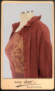 Scattergood Duster Coat in Rosy Washed Crinkled Linen; Lorrilard Dress in Rosy Argyle Netting; Scattergood Frock in Rosy Washed Floral Linen. By Ivey Abitz.