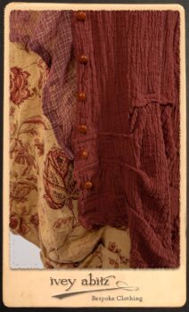 Scattergood Duster Coat in Rosy Washed Crinkled Linen; Lorrilard Dress in Rosy Argyle Netting; Scattergood Frock in Rosy Washed Floral Linen. By Ivey Abitz.