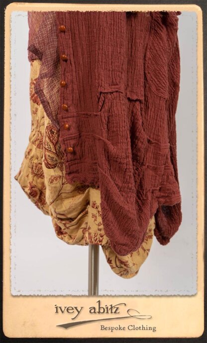 Scattergood Duster Coat in Rosy Washed Crinkled Linen; Lorrilard Dress in Rosy Argyle Netting; Scattergood Frock in Rosy Washed Floral Linen. By Ivey Abitz.