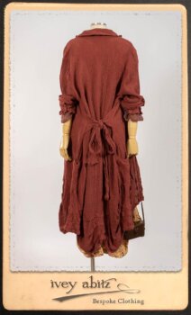 Scattergood Duster Coat in Rosy Washed Crinkled Linen; Lorrilard Dress in Rosy Argyle Netting; Scattergood Frock in Rosy Washed Floral Linen. By Ivey Abitz.