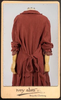 Scattergood Duster Coat in Rosy Washed Crinkled Linen; Lorrilard Dress in Rosy Argyle Netting; Scattergood Frock in Rosy Washed Floral Linen. By Ivey Abitz.