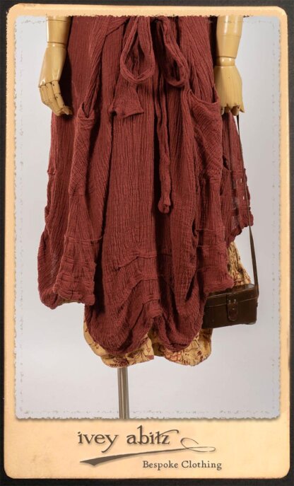 Scattergood Duster Coat in Rosy Washed Crinkled Linen; Lorrilard Dress in Rosy Argyle Netting; Scattergood Frock in Rosy Washed Floral Linen. By Ivey Abitz.
