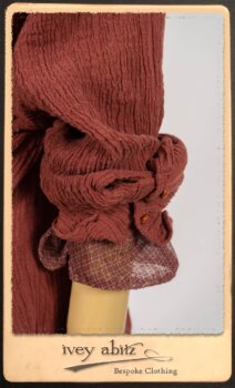 Scattergood Duster Coat in Rosy Washed Crinkled Linen; Lorrilard Dress in Rosy Argyle Netting; Scattergood Frock in Rosy Washed Floral Linen. By Ivey Abitz.