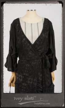 Chomley Frock in Black Embroidered Voile Pinned Back to Side Pocket; Addy Jacket in Signature Black Lightweight Linen Knit; Fairholme Frock in Black and White Picture Book Stripe in High Water Length. By Ivey Abitz.