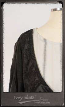 Chomley Frock in Black Embroidered Voile Pinned Back to Side Pocket; Addy Jacket in Signature Black Lightweight Linen Knit; Fairholme Frock in Black and White Picture Book Stripe in High Water Length. By Ivey Abitz.