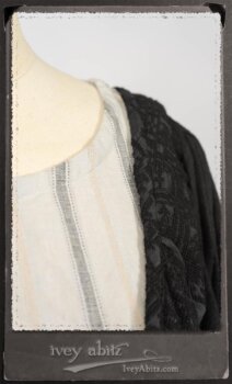 Chomley Frock in Black Embroidered Voile Pinned Back to Side Pocket; Addy Jacket in Signature Black Lightweight Linen Knit; Fairholme Frock in Black and White Picture Book Stripe in High Water Length. By Ivey Abitz.