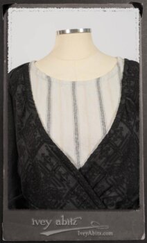 Chomley Frock in Black Embroidered Voile Pinned Back to Side Pocket; Addy Jacket in Signature Black Lightweight Linen Knit; Fairholme Frock in Black and White Picture Book Stripe in High Water Length. By Ivey Abitz.