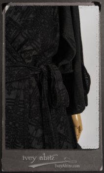 Chomley Frock in Black Embroidered Voile Pinned Back to Side Pocket; Addy Jacket in Signature Black Lightweight Linen Knit; Fairholme Frock in Black and White Picture Book Stripe in High Water Length. By Ivey Abitz.