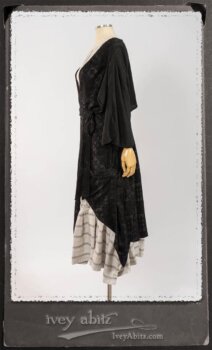 Chomley Frock in Black Embroidered Voile Pinned Back to Side Pocket; Addy Jacket in Signature Black Lightweight Linen Knit; Fairholme Frock in Black and White Picture Book Stripe in High Water Length. By Ivey Abitz.