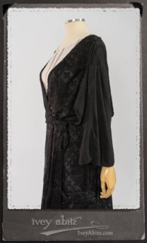 Chomley Frock in Black Embroidered Voile Pinned Back to Side Pocket; Addy Jacket in Signature Black Lightweight Linen Knit; Fairholme Frock in Black and White Picture Book Stripe in High Water Length. By Ivey Abitz.
