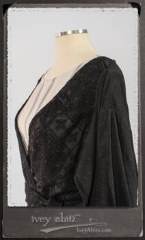 Chomley Frock in Black Embroidered Voile Pinned Back to Side Pocket; Addy Jacket in Signature Black Lightweight Linen Knit; Fairholme Frock in Black and White Picture Book Stripe in High Water Length. By Ivey Abitz.