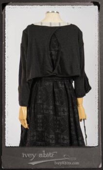 Chomley Frock in Black Embroidered Voile Pinned Back to Side Pocket; Addy Jacket in Signature Black Lightweight Linen Knit; Fairholme Frock in Black and White Picture Book Stripe in High Water Length. By Ivey Abitz.