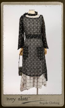 Bramley Dress in White on Black Floral Silk Chiffon; Fairholme Frock in Black and White Picture Book Stripe; Clotaire Sash in White on Black Floral Silk Chiffon. By Ivey Abitz.