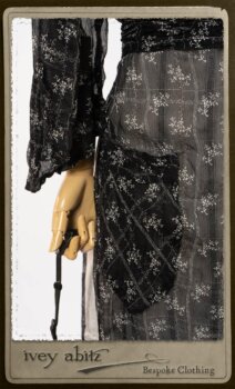 Bramley Dress in White on Black Floral Silk Chiffon; Fairholme Frock in Black and White Picture Book Stripe; Clotaire Sash in White on Black Floral Silk Chiffon. By Ivey Abitz.