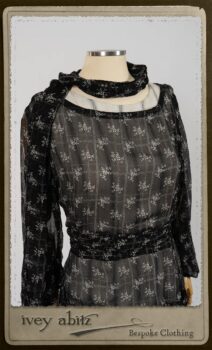 Bramley Dress in White on Black Floral Silk Chiffon; Fairholme Frock in Black and White Picture Book Stripe; Clotaire Sash in White on Black Floral Silk Chiffon. By Ivey Abitz.