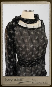 Bramley Dress in White on Black Floral Silk Chiffon; Fairholme Frock in Black and White Picture Book Stripe; Clotaire Sash in White on Black Floral Silk Chiffon. By Ivey Abitz.