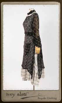 Bramley Dress in White on Black Floral Silk Chiffon; Fairholme Frock in Black and White Picture Book Stripe; Clotaire Sash in White on Black Floral Silk Chiffon. By Ivey Abitz.