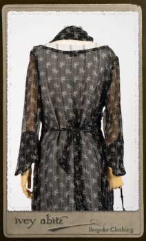 Bramley Dress in White on Black Floral Silk Chiffon; Fairholme Frock in Black and White Picture Book Stripe; Clotaire Sash in White on Black Floral Silk Chiffon. By Ivey Abitz.