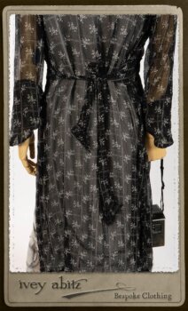Bramley Dress in White on Black Floral Silk Chiffon; Fairholme Frock in Black and White Picture Book Stripe; Clotaire Sash in White on Black Floral Silk Chiffon. By Ivey Abitz.
