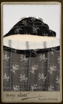 Bramley Dress in White on Black Floral Silk Chiffon; Fairholme Frock in Black and White Picture Book Stripe; Clotaire Sash in White on Black Floral Silk Chiffon. By Ivey Abitz.