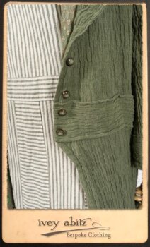 Campanella Duster Coat in New Day Washed Crinkled Linen; Blanchefleur Sash in New Day Floral Voile; Campanella Frock in New Day Washed Stripe Linen. By Ivey Abitz.