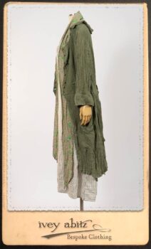 Campanella Duster Coat in New Day Washed Crinkled Linen; Blanchefleur Sash in New Day Floral Voile; Campanella Frock in New Day Washed Stripe Linen. By Ivey Abitz.