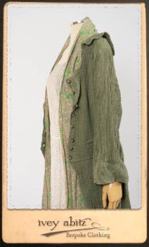 Campanella Duster Coat in New Day Washed Crinkled Linen; Blanchefleur Sash in New Day Floral Voile; Campanella Frock in New Day Washed Stripe Linen. By Ivey Abitz.