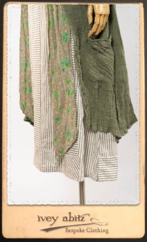 Campanella Duster Coat in New Day Washed Crinkled Linen; Blanchefleur Sash in New Day Floral Voile; Campanella Frock in New Day Washed Stripe Linen. By Ivey Abitz.