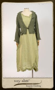 Au Sable Jacket in New Day Washed Crinkled Linen; Au Sable Frock in New Day Washed Linen in High Water Length. By Ivey Abitz.