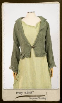 Au Sable Jacket in New Day Washed Crinkled Linen; Au Sable Frock in New Day Washed Linen in High Water Length. By Ivey Abitz.