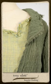 Au Sable Jacket in New Day Washed Crinkled Linen; Au Sable Frock in New Day Washed Linen in High Water Length. By Ivey Abitz.