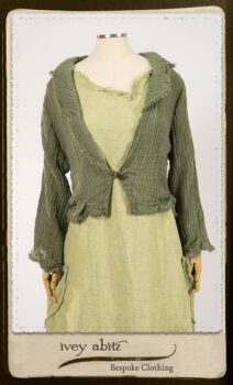 Au Sable Jacket in New Day Washed Crinkled Linen; Au Sable Frock in New Day Washed Linen in High Water Length. By Ivey Abitz.