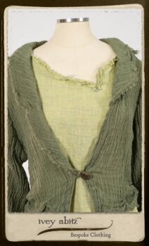 Au Sable Jacket in New Day Washed Crinkled Linen; Au Sable Frock in New Day Washed Linen in High Water Length. By Ivey Abitz.